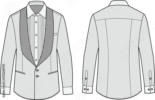 Men dress shirt illustration, technical fashion flat, shawl collar design, pinstripe pattern, welt pockets, button closure, tailored formal apparel