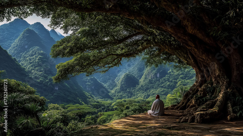 idea of forest bathing and nature journeys for mental and physical health a man admires the fantastic mountain valley landscape while sitting under a giant sycamore tree during a mountain hike