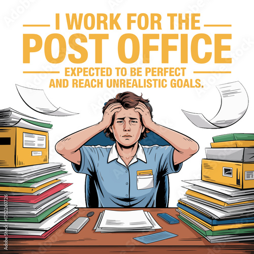 Stressed Post Office Worker Overwhelmed by Paperwork and Unrealistic Goals employee