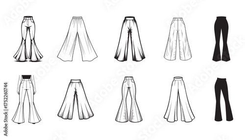 High-Waisted Bell Bottom Pants Fashion Sketches, Wide-Leg Trousers Illustration Set.