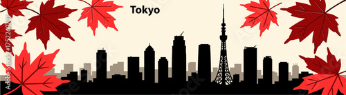 Tokyo City skyline with red maple leaves on beige background