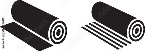 Black rolled material unrolling with concentric circles and parallel lines white graphic