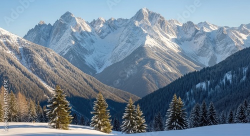 Snowy mountain peaks and forested slopes create a stunning winter landscape