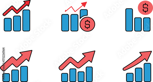 Blue bar graphs with red upward trending arrows and dollar signs finance