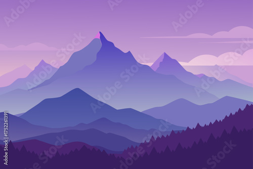 Illustration of layered mountain range with forest