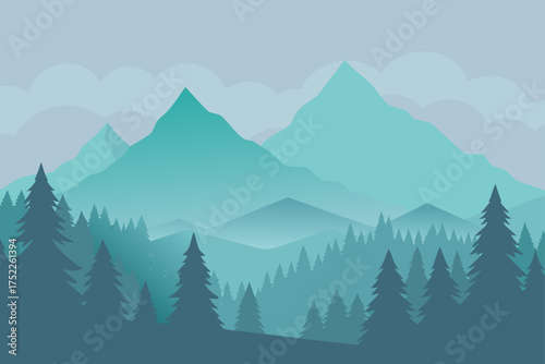 Illustration of a misty mountain range with forest