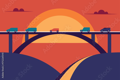 Cars crossing a bridge at sunset in flat design style