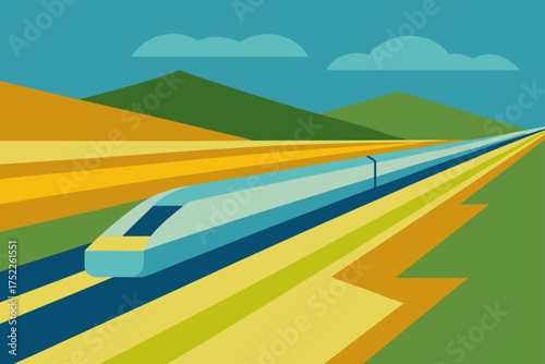 A train speeds through a colorful landscape quickly