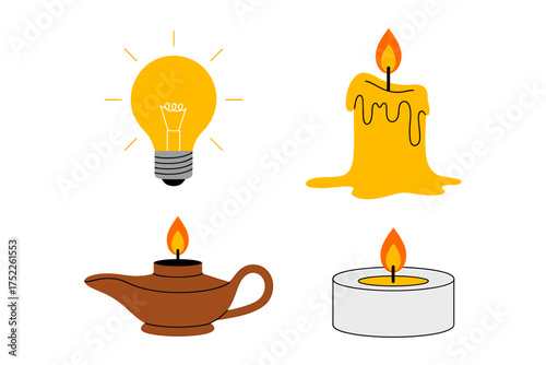 Diverse Sources of Illumination a Light Bulb Candles and an Oil Lamp Showcasing Varied Lighting Options
