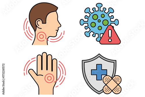 Coronavirus Symptoms and Prevention Illustration Set Including Sore Throat Hand Pain Virus Warning and Immune System Shield Design