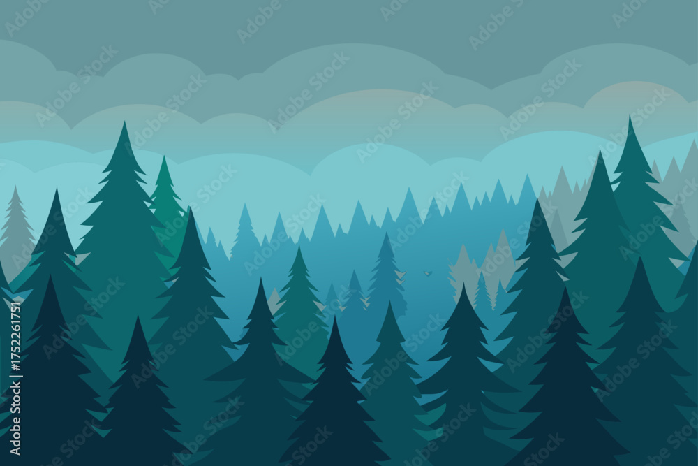 Fototapeta premium Illustration of a dense forest with a cloudy sky