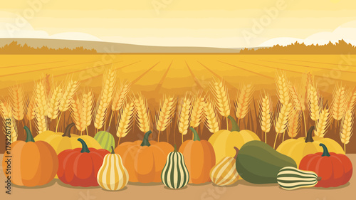 Harvest Bounty Pumpkin and Wheat Field Composition Fall Season Thanksgiving Illustration Autumn Scenery Countryside Charm Farm Fresh