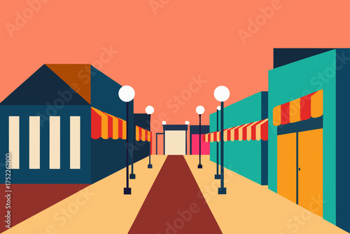 Cartoon street view with buildings and streetlights