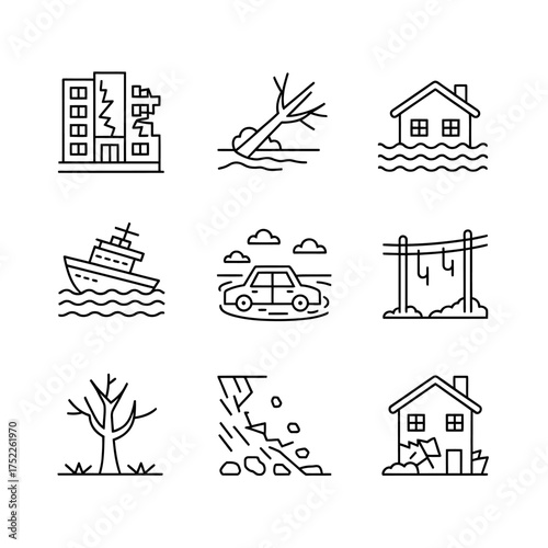 Natural disaster icon set including earthquake flood landslide fallen tree storm damage representing various emergency situations in minimal style