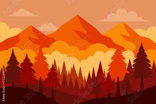 Illustration of mountains and trees in warm colors