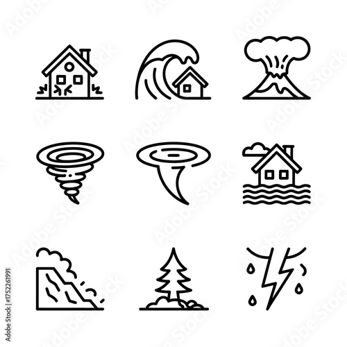 Natural disasters icons set featuring floods tornadoes tsunami volcano landslide and other environmental disasters in black and white line art