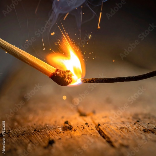 A close-up shot captures a match igniting a fuse with glowing sparks and smoke against wood
