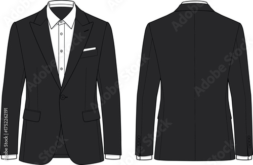 Men suit jacket illustration, technical fashion flat, formal blazer design, single button closure, notched lapel, chest pocket, flap pockets, tailored fit
