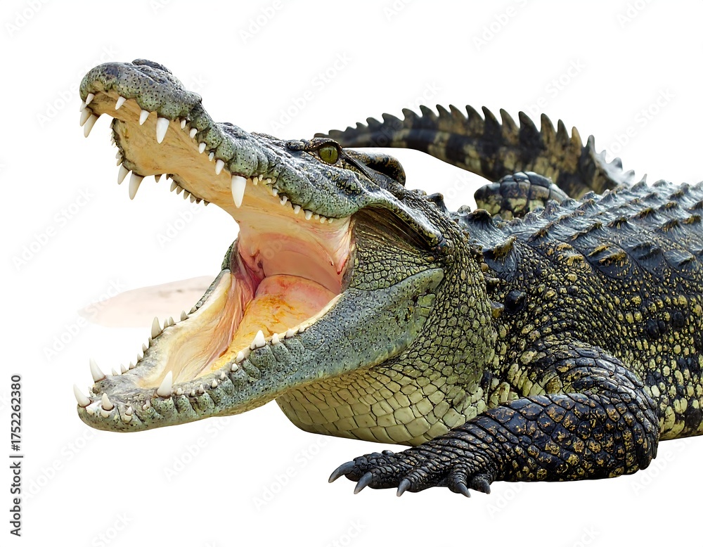 Obraz premium A close-up shot of a large crocodile with its jaws wide open, showcasing its sharp teeth