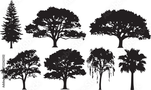 Beautiful silhouettes of various trees for your design projects, add nature's touch to your creations with this versatile collection