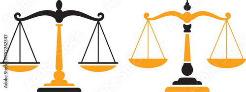 Two stylized scales of justice in black and orange on white background legal balance 1