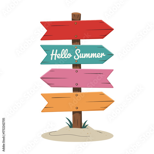 Summer themed direction sign with vibrant colors and the message Hello Summer isolated on white perfect for graphic design projects