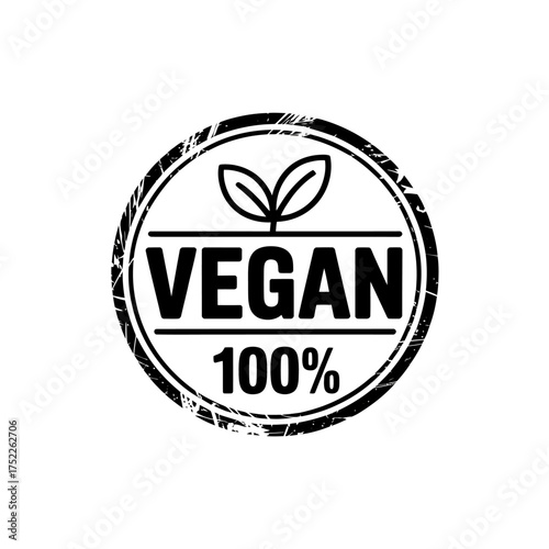 Vegan Certified One Hundred Percent Round Stamp with Leaves Illustration representing natural and plant based products ideal for food industry and consumer awareness