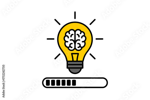 Concept of innovation and brain power showing a light bulb with a brain and loading bar progress indicator showcasing idea generation