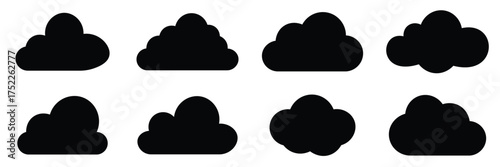 Cloud Icon Set Vector, Black Line Silhouette of Sky Clouds, Simple Weather and Storage Symbol Illustration
