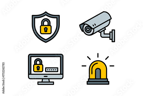 Security System Elements Digital Safety and Surveillance Vector Illustration Data Protection Access Control for Business and Personal Safety