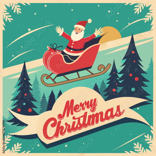 Retro christmas card vector illustration of santa claus flying in sleigh with merry christmas banner