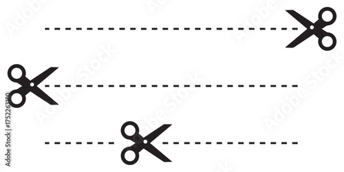 Scissors Cut Lines Vector Icons Set, Coupon Dotted Line Symbols, Paper Cutting and Label Design Illustration