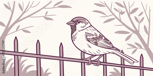 A small house sparrow resting on an iron fence with a softly blurred natural pink background.

