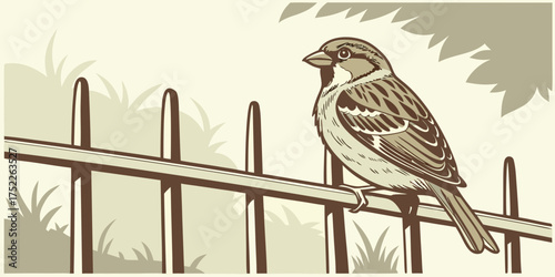A small house sparrow resting on an iron fence with a softly blurred natural background.