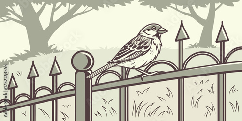 A small house sparrow resting on an iron fence with a softly blurred natural background.