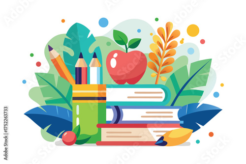 Vibrant back to school concept with stylized books, apple, pencils, and colorful foliage makes learning fun and inspires creativity in the classroom