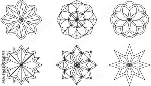 Geometric floral starburst patterns abstract black and white