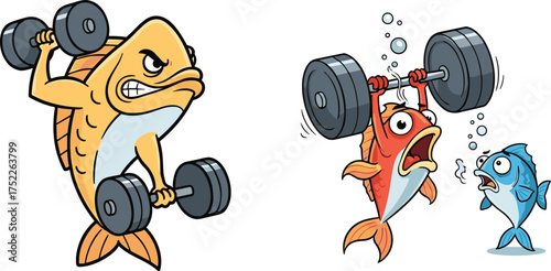 Funny Cartoon Fish Weightlifting and Working Out with Dumbbells Vector Illustration Set