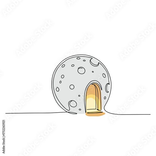 Moon-shaped building with lit doorway in simple line art style