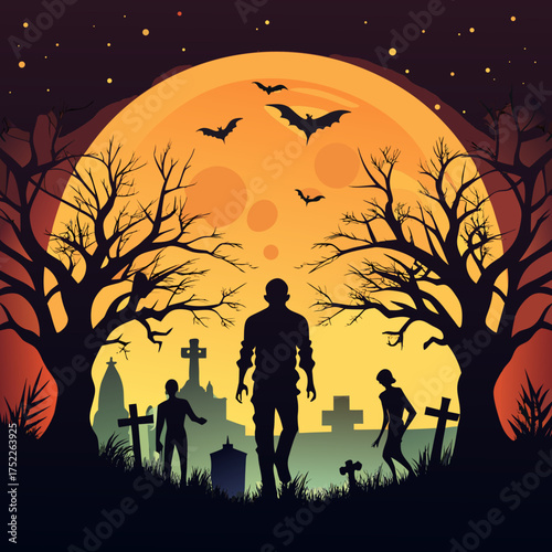 Spooky halloween night cemetery scene vector illustration with zombie silhouettes and full moon
