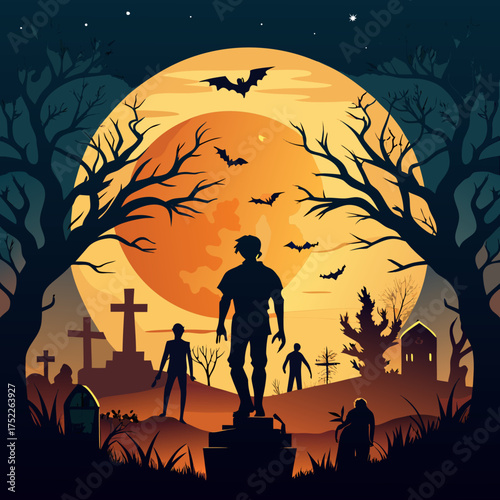 Spooky halloween night zombie silhouette illustration with full moon and graveyard vector