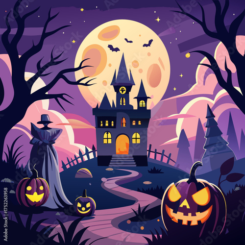 Spooky halloween castle night vector illustration for party posters and decorations