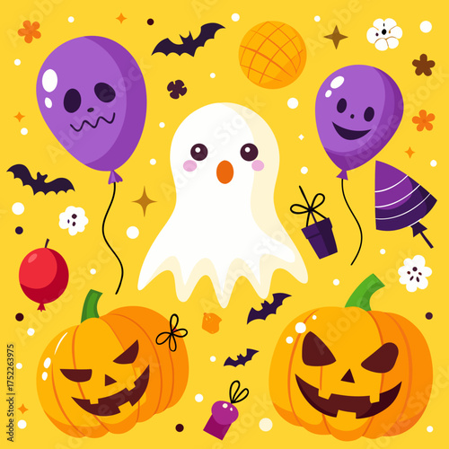 Vibrant halloween illustration with spooky ghost pumpkins bats and balloons vector scalable art