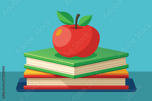 Vibrant red apple resting on a stack of colorful books creates a back to school vibe for learning success in education or creative design projects