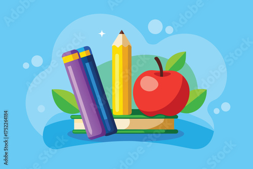 Vibrant back to school supplies create an exciting learning atmosphere for students, designers, and teachers with books, pencil and apple