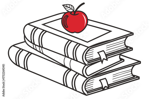 Stack of books with bright red apple, inviting education and learning, perfect for back to school designs, promoting knowledge and academic pursuits