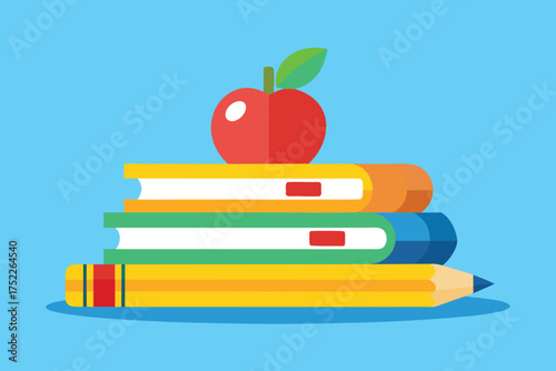 Bright books with apple and pencil for back to school learning, ideal for elementary education resources or vibrant classroom posters and creative projects
