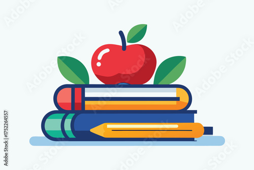 Vibrant school books stacked with a fresh apple offering knowledge and inspiration, perfect for educational resources and back to school campaigns