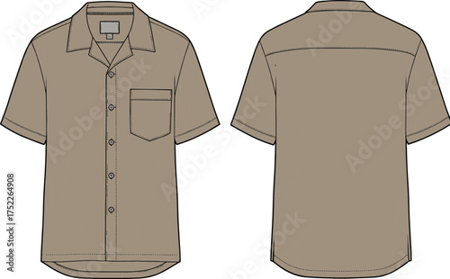 Short sleeve shirt illustration, technical fashion flat, button up design, classic collar, chest pocket, cuffed sleeves, curved hem, back yoke