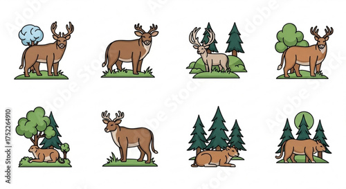 Collection of deer and forest tree illustrations in cartoon style, showcasing wildlife and nature scenes